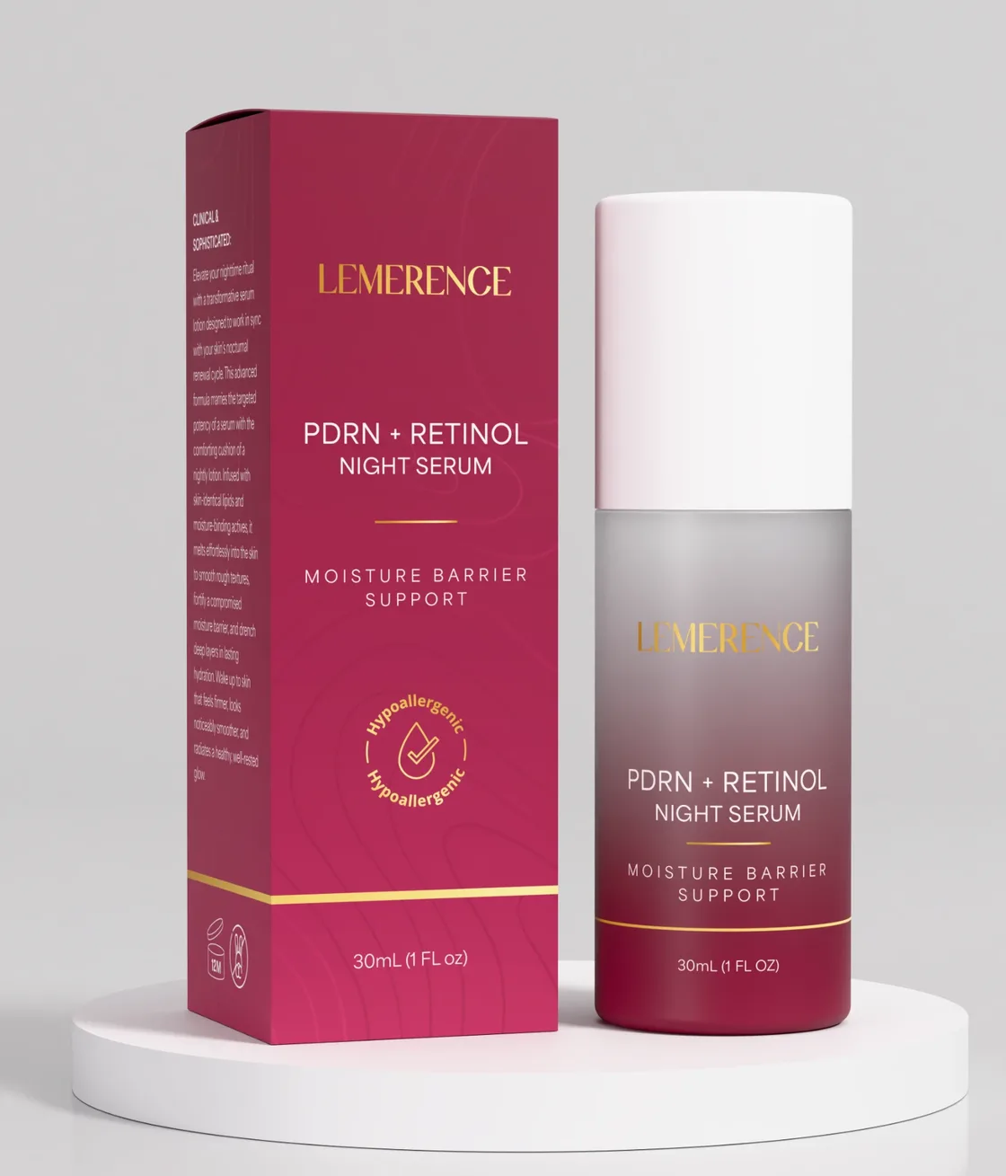 Lemerence PDRN + Retinol Night Serum: a wine-red box with gold lettering beside its frosted bottle, on a white pedestal